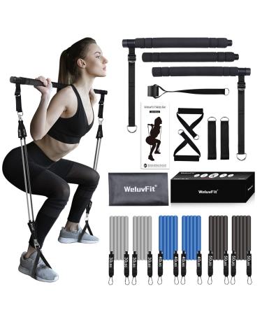 Pilates Bar Kit with Resistance Bands, WeluvFit Exercise Fitness Equipment for Women & Men, Home Gym Workouts Stainless Steel Stick Squat Yoga Pilates Flexbands Kit for Full Body Shaping Dark Black