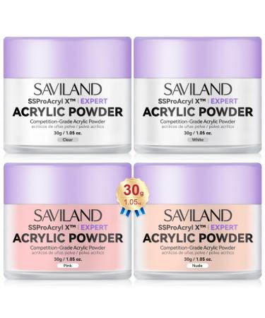SAVILAND Acrylic Powder: 4PCS 1oz 30g Clear White Nudes Pink Colored Acrylic Nail Powder Keratin Acrylic Powder Set Professional Nail Powder for Nail Extension Carving 3D Nail Art Manicure Salon