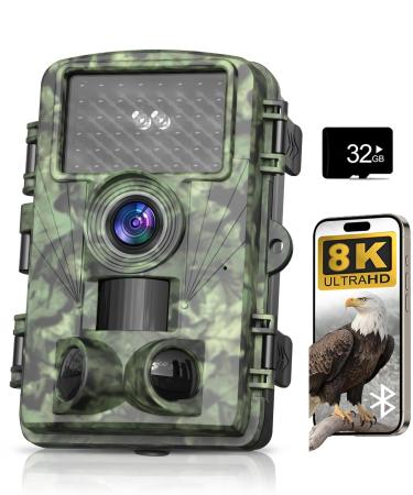 Trail Camera 8K 60MP Game Cameras with Advanced Night Vision Motion Activated Fast 0.05s Speed IP66 Waterproof for Wildlife Deer Detection Green