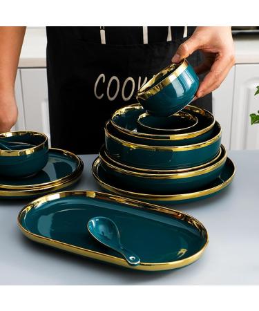 21 piece peacock green tableware set plates plates ceramic bowls plates gold border decorations - Buy Online on GoSupps.com
