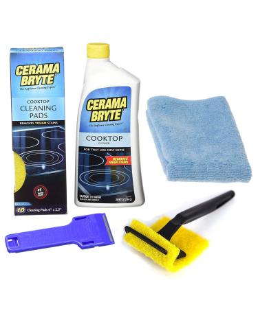 Cerama Bryte Complete Cooktop Cleaning Kit 10 Cleaner Pads 1 POW-R Grip Tool 1 Scraper and 1 Microfiber Cloth 28 Fl Oz