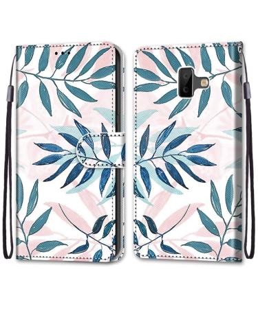 Nadoli mobile phone case leather for Samsung Galaxy J6 Plus colorful painted pink green leaves carrying box card compartment magnet stand protective cover wallet leather bag bag case case Samsung galaxy j6 plus pink green leaves