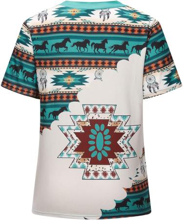 Ganfancp Women's Vintage Ethnic Print V-Neck Tee - Green-27, Large | Short Sleeve Loose Blouse for Summer - Buy Online on GoSupps.com