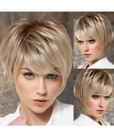 EMMOR HD Lace Front Wig  Pixie Cut Wig Human Hair Wigs with Bangs  Blonde Wig Natural Short Wig Layered Short Wigs for White Women - Ombre Light Blonde Ombre Light Blonde - S
