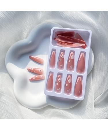 Glossy Nude Pink French Tip Coffin Press-on Nails with Flower Design - 24 Pcs - Buy Online on GoSupps.com