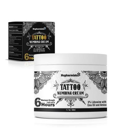 Nupharmisto Tattoo Numbing Cream  6 Hours Maximum Strength Painless Tattoo Numbing Cream with Lidocaine  Emu Oil and Arnica.- 5% Lidocaine Numbing Cream- 50ml