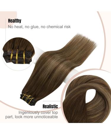 FSHINE Clip-In Hair Extensions - Real Human Hair Balayage Ombre 55cm 120g Double Wefts Dark Brown & Caramel Blonde - 7 Pcs #4/27/4 - Buy Online on GoSupps.com