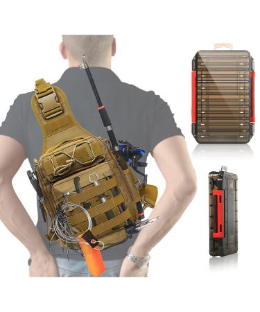 Aertiavty Compact Fishing Tackle Bag, Fishing Bag with Tackle Box and Rod Holder Outdoor Sport Fishing Backpack Khaki