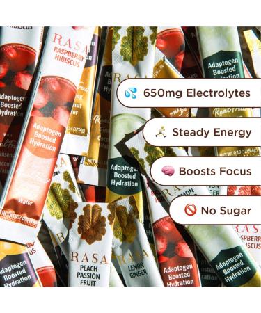Rasa Hydration Adaptogen Powder Variety Pack | Electrolyte Mix for Rapid Hydration & Stress Support | Ginseng Real Fruit & Coconut Water | Peach Passion Lemon Ginger & Raspberry Hibiscus | 15 Pack - Buy Online on GoSupps.com