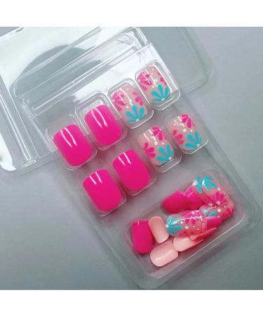 Flower Press On Nails - Short Square Fake Nails with Light Blue Pink Floral Design | Glossy Reusable Glue On Nails for Women | 24 Pack AA-10 - Buy Online on GoSupps.com
