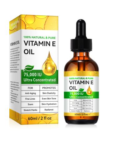 Huile de Vitamine E 75 000 UI - Pure & Naturelle Soin Hydratant Visage Corps Cheveux Cicatrices et Cuir Chevelu | Sans OGM Sans Gluten Sans Parabens (1 x 60 mL) 60 ml (Lot de 1)