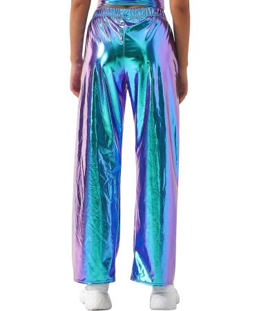 ODIZLI Womens Shiny Metallic High Waist Jogger Pants - Holographic Laser Blue Large - Buy Online on GoSupps.com