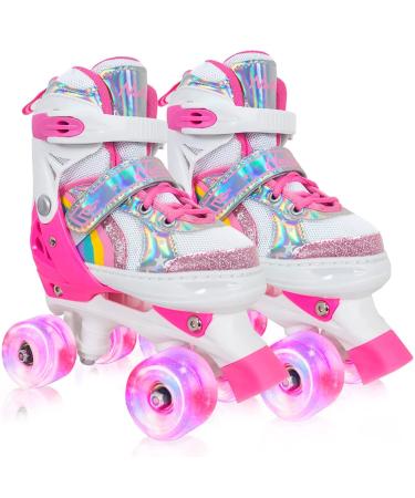 MammyGol 4 Size Adjustable Roller Skates with Full Light Up 8 Wheels for Girls, Outdoor Indoor Toddler and Beginner Kids Rollerskate Size X-Small Small Medium Ages 3-8 Quad Skates(Rainbow Pink) Small - Little Kid (10-13C US)