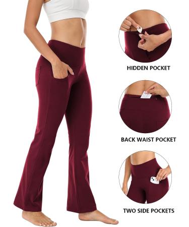 High Waist Bootcut Yoga Pants with Pockets - Burgundy, Small - Buy Online on GoSupps.com