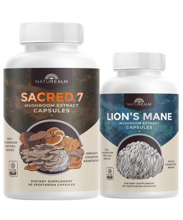 Naturealm Sacred 7 Organic Mushroom Extract Capsules & Lions Mane Mushroom Supplement Bundle - Organic Support for Focus Memory and Cognitive Function - 180 Vegetarian Capsules