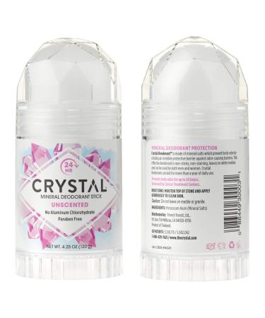 CRYSTAL Mineral Deodorant Stick - Unscented Body Deodorant With 24-Hour Odor Protection Non-Staining & Non-Sticky Aluminum Chloride & Paraben Free 4.25 oz (2 Pack) (Packaging May Vary)