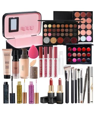 All in One Makeup Set Holiday Gift Box Essential Starter Bundle Include Eyeshadow Concealer Lipstick Lip Gloss Mascara Eyeliner Eyebrow Pencil Lip Balm Face Powder - Full Makeup Kit for Women Box Set A