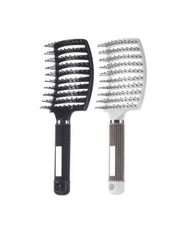 2 Pack Professional Vented Curved Detangling Hair Brush,Fast Drying Styling Massage Hairbrush for Tangled Long Thick Curly Hair (Black, White)