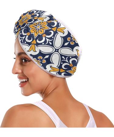 Blue Yellow Ethnic Flowers Hair Towel 2 Pack | Super Absorbent Quick Dry Hair Turbans for Women & Girls - Buy Online on GoSupps.com