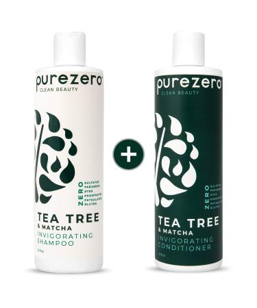 Purezero Tea Tree & Matcha Shampoo and Conditioner Set - Nourishing & Invigorating Scalp Treatment - Zero Sulfates/Parabens/Dyes -100% Vegan & Cruelty Free - Great For Color Treated Hair