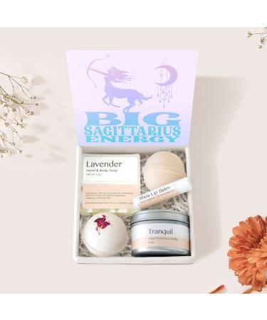 Dear Ava Spa Gifts for Women - Organic Self Care luxury Anti Stress Relaxing Bath and Body Kit Set Basket Box for Her with Heartfelt Card - Sagittarius Zodiac Birthday Gift