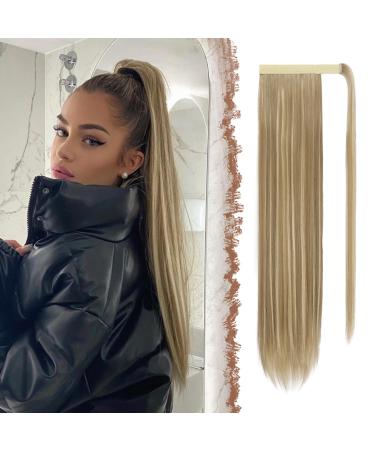FESHFEN Straight Ponytail Extensions Long Wrap Around Ponytail Synthetic Clip in Pony Tail Hair Extensions Light Brown & Blonde Hairpiece for Women 28 inch 28 inch (Pack of 1) Light Brown & Blonde