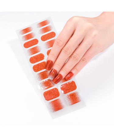 Semi Cured Gel Nails Strips - 20cps Stickers Nail Wraps Soft Self - Full Wraps Nail Polish Stickers French Style Orange Glitter (Gradient Orange)