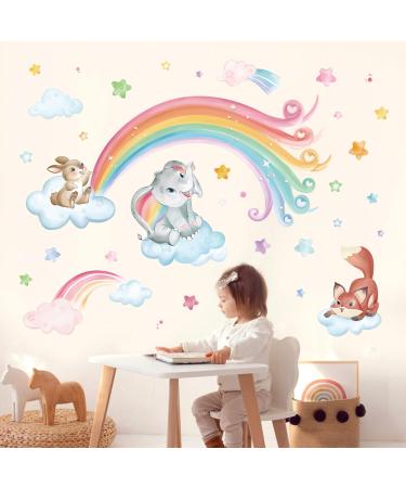 wondever Rainbow Animals Wall Stickers Elephant Rabbit Fox Clounds Peel and Stick Wall Art Decals for Baby Nursery Kids Bedroom Classroom