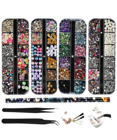 4 boxes nail art rhities multi -design accessories with 2 tweezers decorative diamond crystals pearls gemstones mixed colorful horse eyes rhinestone metal for nail diy decoration 7 pieces (1 Pack)