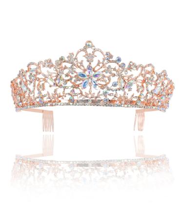 WEWBABY Rose Gold Crown for Women Pink Crown with Comb Baroque Crystal Rhinestone Bridal Tiara for Bride Girls Bridesmaid Elegant Wedding Tiara for Party