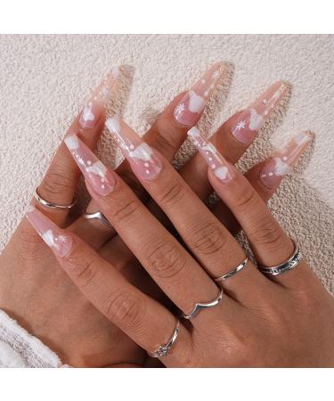 Xerling 24Pcs False Nails with Cloudy Designs for Women Long Coffin Nails Tip Press on for Girls Colorful Fake Nails Full Cover (Pattern H)