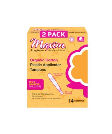 Maxim Organic Cotton Tampons BPA Free Plastic Applicator Tampon SUP+ 28ct No Chlorine/Dioxin/Chemical ICEA Approved Organic Natural Tampons Easy to Use Applicator Organic Super Plus Tampon