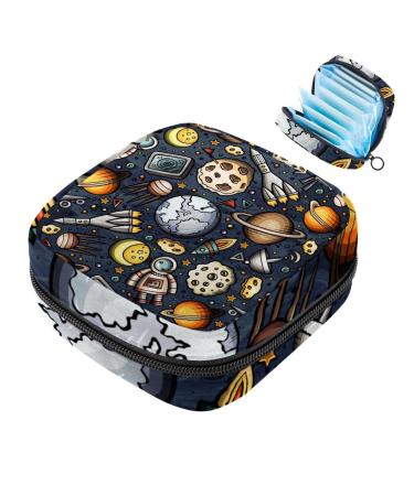 Menstruation pad bag with zipper women's napkin bag tampons collection bags for women and girls (spaceship galaxy rockets planet astronaur)