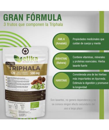 BIO Triphala Elikafoods ORGANIC 120 tablets of 500 mg Cleanses and detoxifies the colon Against constipation. Natural vegan and gluten free. Easy to take. Direct from the Himalayas - Buy Online on GoSupps.com