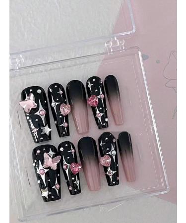 10pcs Star Heart Black Coffin Fake Nail Bow Heart Press on Nails Heart Rhinestone Long Coffin Nails Luxurious Nails Acrylic Nails Fake Nails For Women Girls - Buy Online on GoSupps.com
