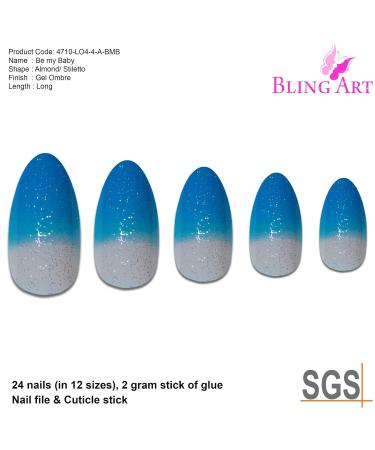 Buy Blue Gel Stiletto Almond False Nails - 24 Bling Art Artificial Long Tips with Glue | International Shipping - Buy Online on GoSupps.com