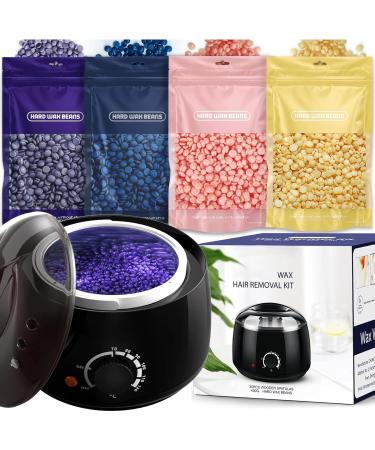 Waxing Kits Wax Full Kit Wax Warmer Hair Removal Kit with 4 * 100g Hard Waxing Beads & 30 Waxing Sticks Home Use for Bikini/Eyebrows/Face - Wax Kit Home Waxing Kit for Women/Men (Black)