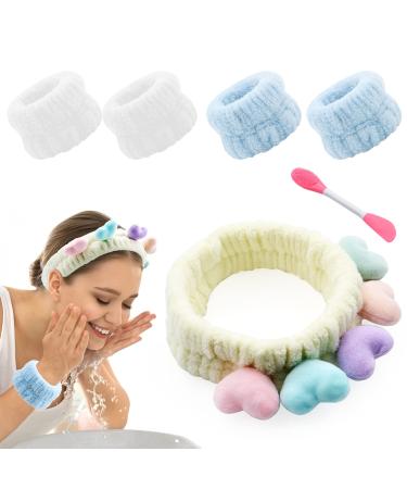 6 Pcs Headband for Women Washing Face  1 Cute Spa Headband 4 Wrist Washband and 1 Double-Ended Face Mask Brush Soft Headband Set Skincare Makeup Headband Prevent Liquid from Spilling Down Your Arms