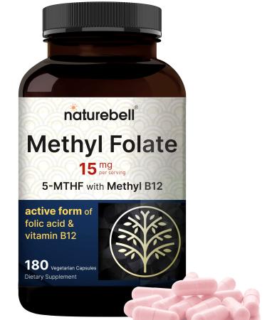 NatureBell L Methylfolate 15mg (5-MTHF) with Methyl B12 1000mcg 180 Vegetarian Capsules | High Potency Dual Action for Energy & Cognitive Support Active Folic Acid - Methyl Folate Supplement