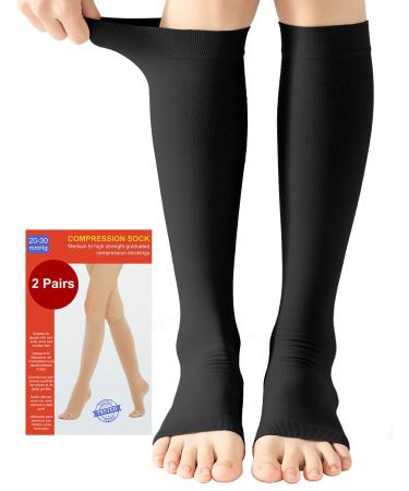 2 pairs of medical compression stockings women & men 20-30 mmHg class 2 open pointed top support support stockings for varicose veins edema flight xl 2x black