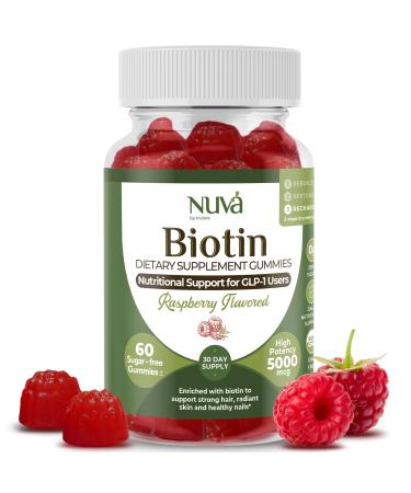 NuVa by Trulore Biotin Gummies 5000 mcg | GLP-1 Support for Hair Growth Skin & Nails | Zero Sugar Vegan Gummy Vitamins for Men & Women | Raspberry Flavor | 60 Gummies - 30 Day Supply