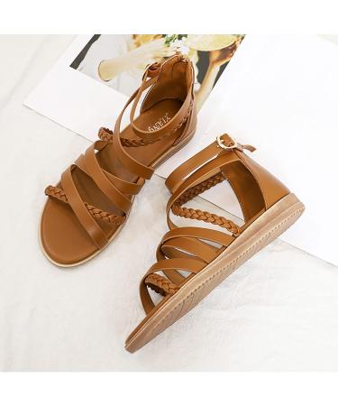 XTZYGLFD Women's Summer Wide Sandals - Woven Roman Bohemian Strappy Sandals with Zipper - Brown Size 9 UK - Buy Online on GoSupps.com