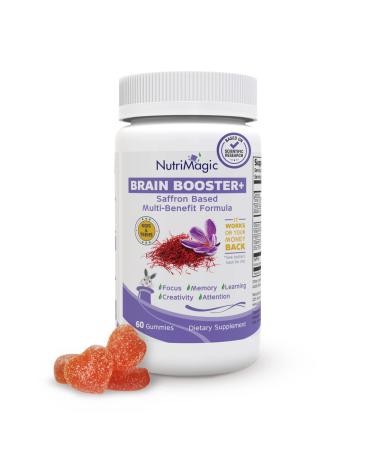NutriMagic Kids Brain Booster+ Focus Memory Attention Mood - Saffron Extract Nootropic Multivitamin D3 B6 B12 Zinc - Vegan Non-GMO Kids Brain Health Support Supplement 60 Gummies (Strawberry)