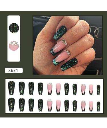 Green Rhinestone French Tip Press on Coffin Nails - Medium Full Cover Glitter Acrylic False Nails for Women - Buy Online on GoSupps.com