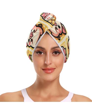 Cute Pig Hair Towel 2 Pack Super Absorbent Hair Drying Towel Quick Dry Hair Turbans Head Towel with Button Twisty Wrap for Women Girls