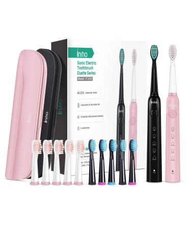 Initio Sonic Electric Toothbrush for Adults Duo Dual Handle 5 Modes with Smart Timer 10 Brush Heads & 2 Travel Cases Included Rechargeable Toothbrush Oral Care Whitening Toothbrush (Black+Pink) Black and Pink 1 Count (Pa...
