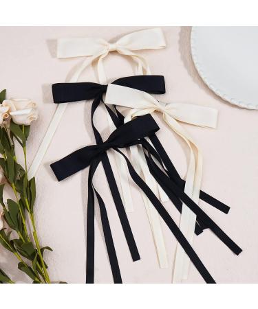 Ayesha Hair Bows 4pcs Set - Long Tail Ribbon Barrettes for Women Girls - Black & Beige Hair Accessories - Buy Online on GoSupps.com