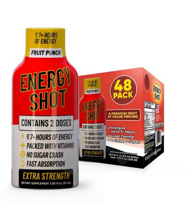 Fruit Punch Extra Strength Energy Shot 48 pk 260mg Natural Caffeine B12 B6 Energy & Focus Support 2 Servings Sugar Free Zero Calorie Green Tea B-Vitamins Electrolytes Vegan 1.93 fl oz