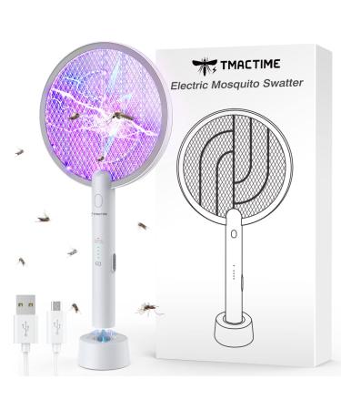 TMACTIME Electric Fly Swatter 4000V Bug Zapper Racket 2 in 1 Fly Zapper with USB Rechargeable Base and 3-Layer Safety Mesh for Bedroom Kitchen Patio and Outdoors 1PC