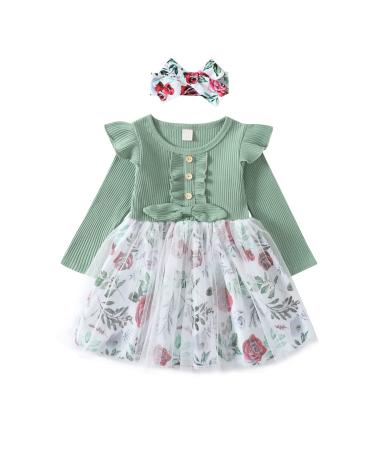 Haokaini Toddler Baby Girls Floral Dress Long Ruffle Sleeve Cotton Ribbed Bow Splicing Dress Princess Tutu Skirt Fall Clothes Set 4-5 Years Plus Green